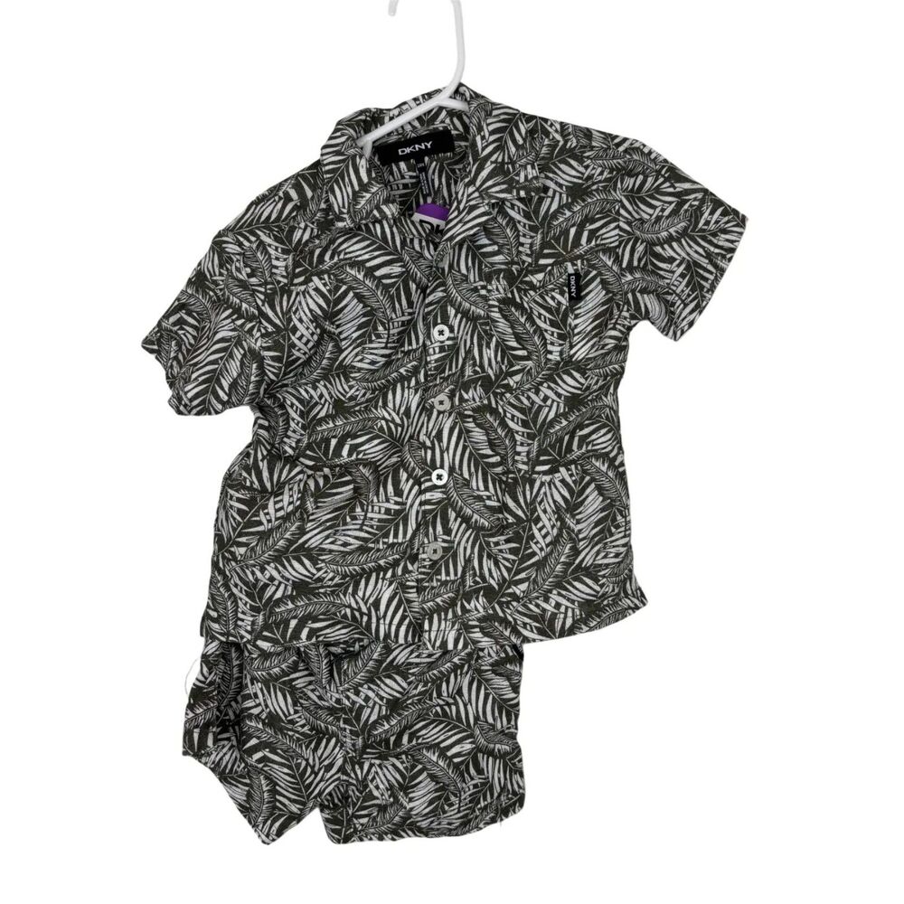 NWT DKNY Linen Blend Green Palm Leaf Print 2 Piece Set Baby Toddler 24 Months